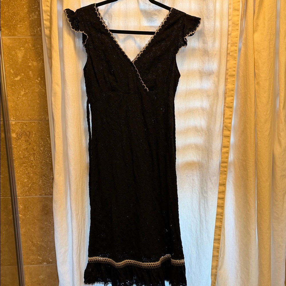 Anna Sui Black Lace Dress with Gold Accents